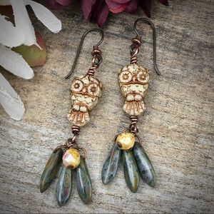 Czech glass owl bead wire wrapped earrings